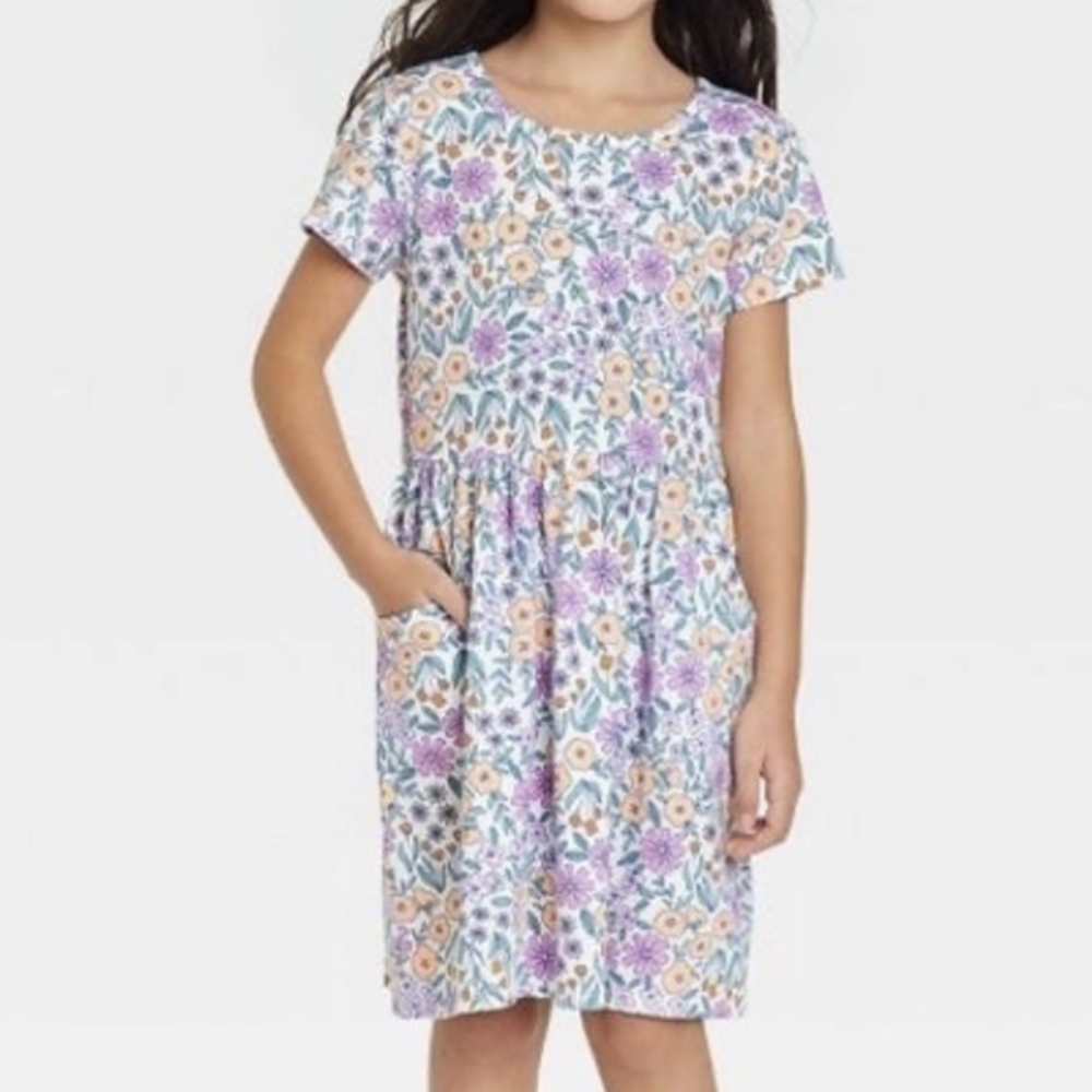 🌻Cat & Jack Girls' Floral Print Short Sleeve Knit Pockets Dress Size XXL / 18